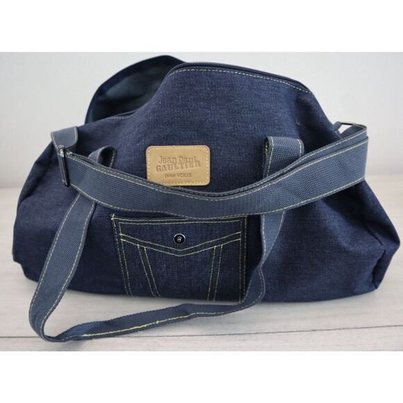 Jean Paul Gaultier Unisex Blue Pour Vous Denim Weekender Gym Travel Duffle Bag - Picture 7 of 9